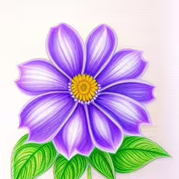 an image of purple flower with green leaves,the color drawing is very colorful with a flower