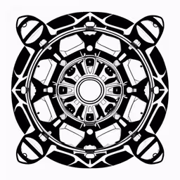 an abstract graphic design that includes the center of a wheel and spokes,an ornamental, circular drawing that includes a circular arrangement,a circle with many objects in it,an abstract picture made in black and white,an intricate design on the front side of a piece of artwork