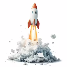 a rocket launching on a cloud of white smoke