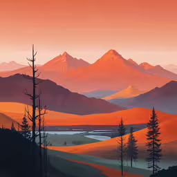 a painting of a beautiful scenery in the mountains,a sunset view of the mountains and trees with a lake below
