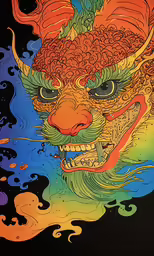 a drawing of a dragon with a rainbow colored background