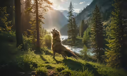 a dog looking up at the sky in a wooded area