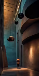 the girl is walking down the walkway near the modern building