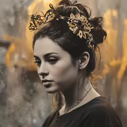 a young woman wearing a crown and head piece