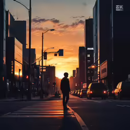 man walking through city street in the evening
