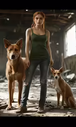 a woman in a tank top stands next to her two dogs