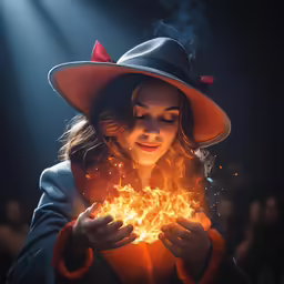 a woman wearing a hat and coat with fire