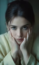 a woman is wearing a robe with her hands on her face