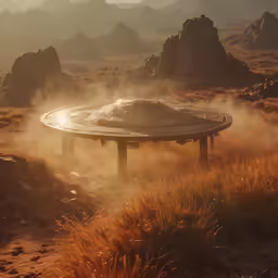 a large round table surrounded by fog