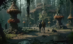 two people are walking through an environment of tall trees