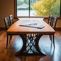 a room with hardwood floors and a table with a laptop