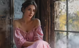 a woman in pink sits on the windowsill looking out a window