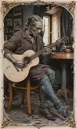 a statue of a man playing a guitar on top of a wooden table