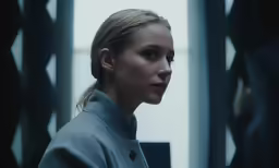 a girl looking in the mirror while staring at something