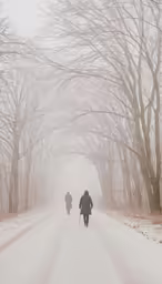 two people walking along a road in a snowy area