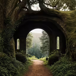 a dark and lonely path leading through a cave like building