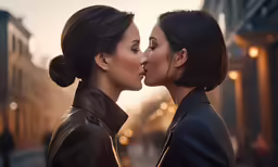 two women with black hair, one giving another a kiss