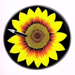 a yellow sunflower is being used as a paperweight,a sunflower painted on the top of a black circle with yellow center