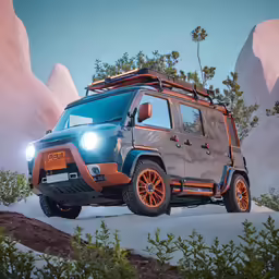 a truck with orange rims driving through some bushes and trees