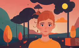there is an animated drawing of a person and a box,a painting of a woman wearing an orange shirt