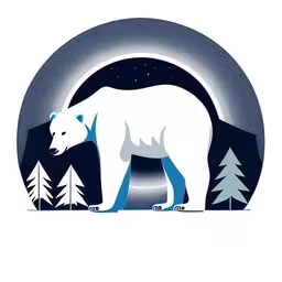 an illustration of an polar bear standing in the snow,polar bear looking to the left, with trees and moon in the background,a bear that is standing in the night,a polar bear standing inside a circle surrounded by snow,polar bear with trees and stars on a white background