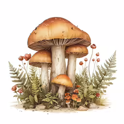 mushrooms in the forest with green leaves