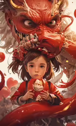 a young girl standing in front of a giant demon