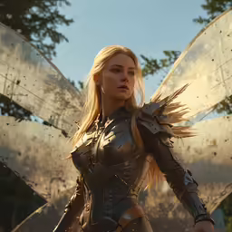 a blonde female dressed as a knight looks off into the distance