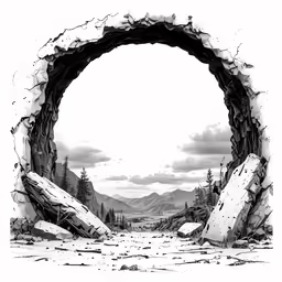 a black and white picture of an old rock structure