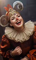 a woman in orange wearing a clown makeup and a costume