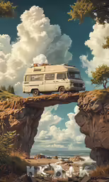 a white bus is going across a bridge over the water