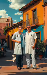 a man and woman dressed in white pose on the sidewalk