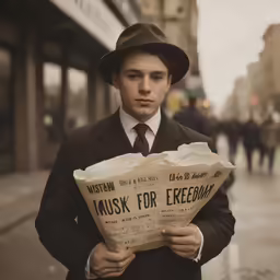 a man wearing a suit and a hat standing in front of an old newspaper