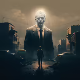 a man stands in front of a creepy city