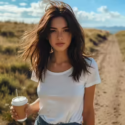 a woman in a white shirt is holding a drink