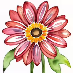 a watercolor painting of a pink flower with two yellow centers,a flower with green leaves is painted red and yellow