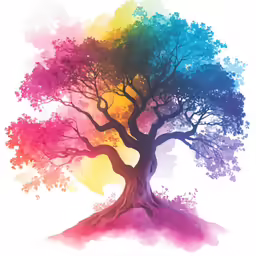 a watercolor painting of a colorful tree