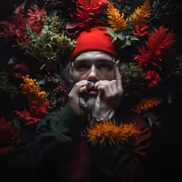 the man is wearing a red hat and wearing a red jacket