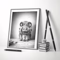 a drawing on top of a stack of books next to two pencils