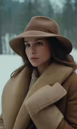 a beautiful woman wearing a tan coat and brown hat