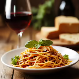 a plate of spaghetti with basil and cheese in the background