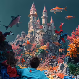 a person laying in the water near a colorful display