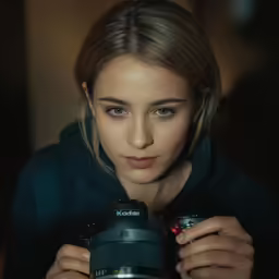 a beautiful blond woman holding a camera in her hands