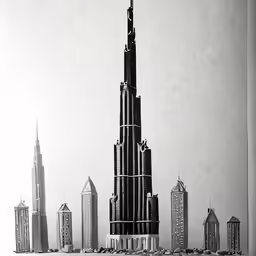 the picture has a tall building surrounded by smaller buildings