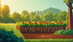 an artistic painting of flowers growing in a garden,a cartoon depicting a flower box full of flowers