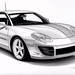 a silver sports car on a white background with some sort of stripes,a drawing of a sports car is shown