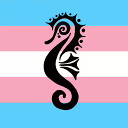 the black seahorse on pink, white and blue striped background,a blue and pink background with the letter s