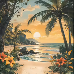 painting of an ocean beach with sun setting