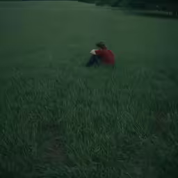 a man sitting on the ground in a field
