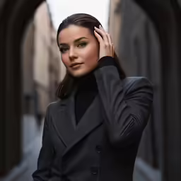 woman in coat standing on a street corner with her hair back